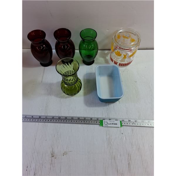 Assorted Glass Vases, Glass Jar, Refrigerator Dish