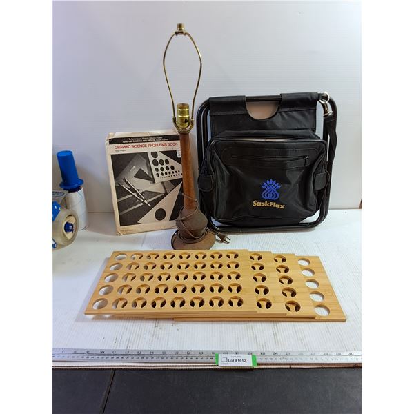 SaskFlax Folding Chair, Lamp (No Bulb), Graphic Science Book, Wood Boards