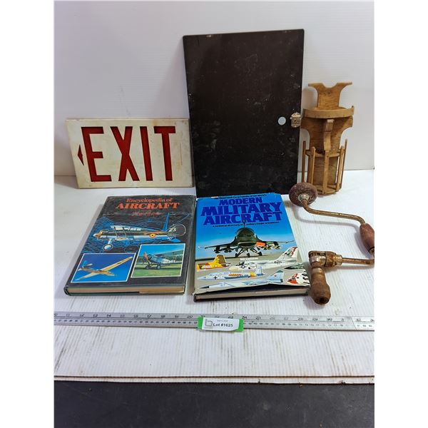 (2) Aircraft Books, Exit Sign, Wooden Wall Display, Misc