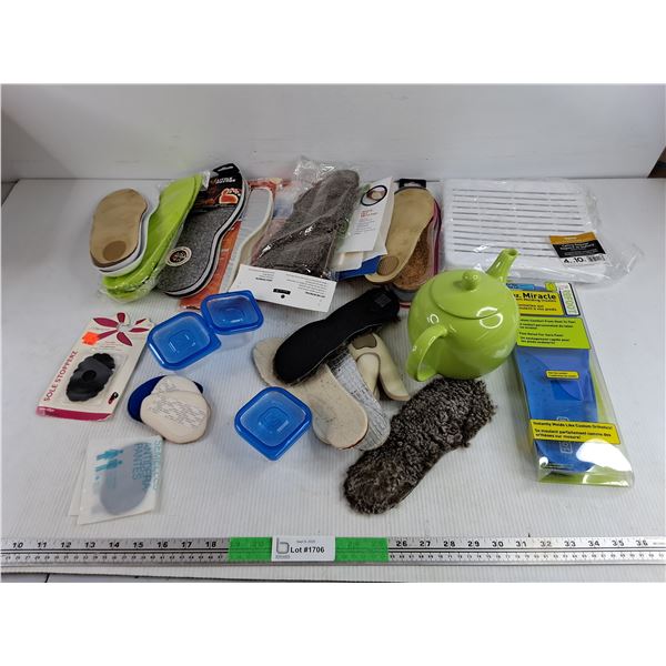 Assorted Insoles, Ceramic Tea Pot, Ceiling Register, Containers, Misc