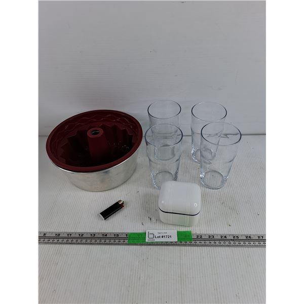 Bundt Pan, Glasses, Lighter & Plastic Container