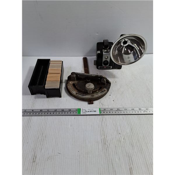 Kodak Hawkeye Box Flash Camera,Container of Slides,Table Saw Miter Gauge