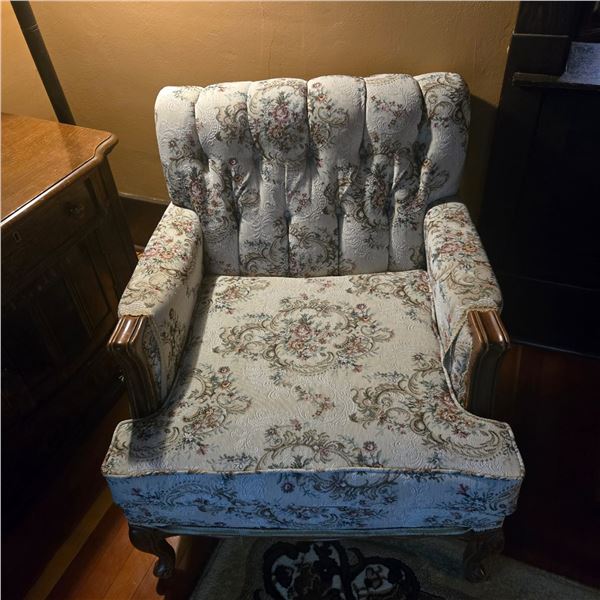 Vintage Chair with Wooden Legs and Arm Ends-Pickup offsite in Prince Albert, SK
