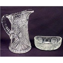 VINTAGE CUT GLASS PITCHER AND PRESSED GLASS DISH -