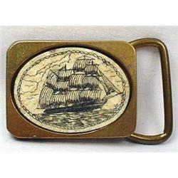 IVORY SCRIMSHAW BELT BUCKLE IN BRASS SETTING