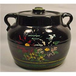 VINTAGE HAND PAINTED STONEWARE CROCK W/ LID