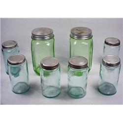 LOT OF 8 VINTAGE BLUE AND GREEN GLASS JARS