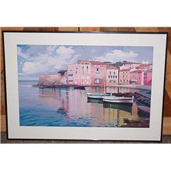 LARGE "EVENING VILLAGE" SIGNED PRINT BY PUJOL - FR