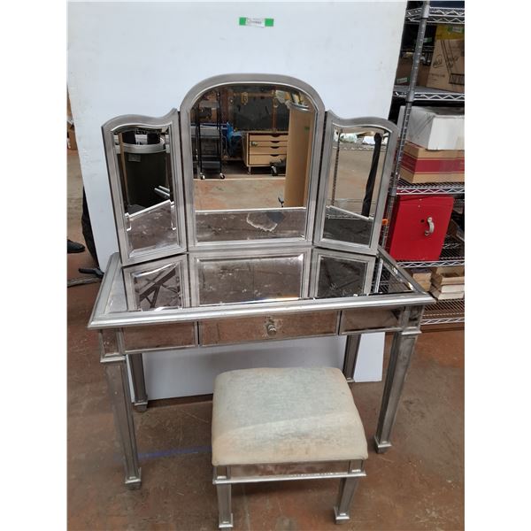 *Mirrored Vanity Table 42" x 18" x 30.5", Stool & Mirror 39" x 24" - Can't Ship