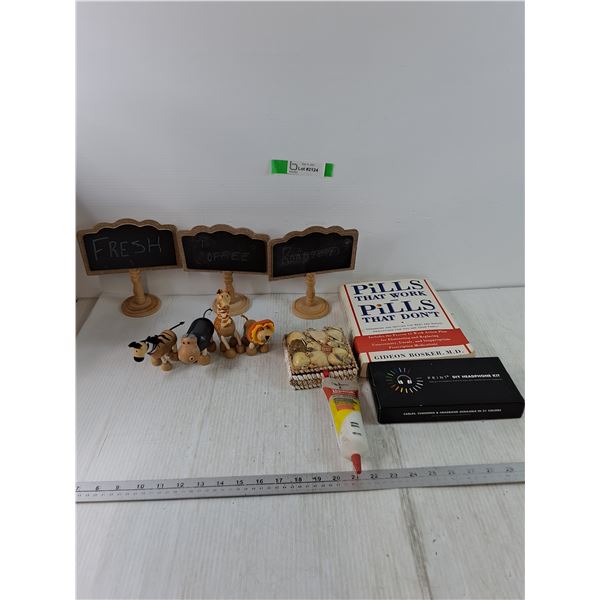 Wood Filler, Pills That Work Book, DIY Headphone Kit Sealed, Seashell Box, (4) Wooden Animals