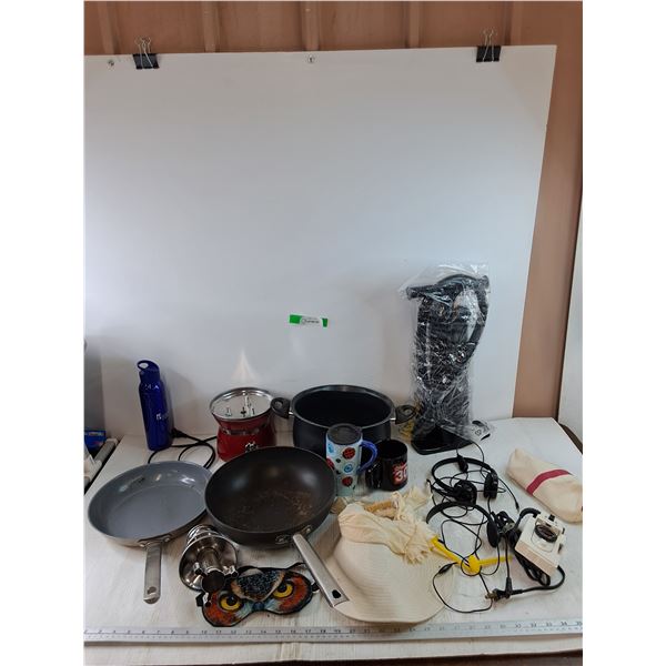 (2) Pans, (1) Pot, (2) Headsets Unyested, Sanyo Travel Butler, Air Pump, Water Bottle, Misc