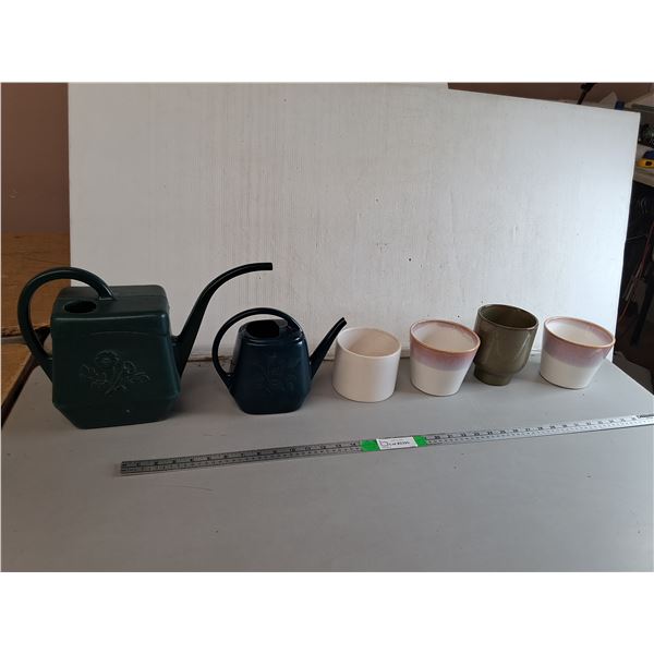 (2) Plastic Watering Cans up to 9.5  & (4) Ceramic Planters