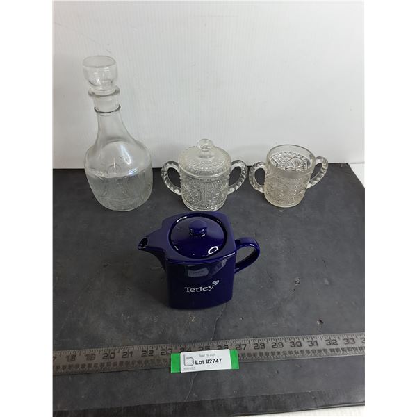Glass Decanter, Tetley Teapot, Double Handled Sugar Bowls