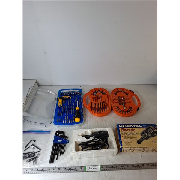 (2) Drill Bit Sets, Dremel Electric Engraver (powers on), Misc