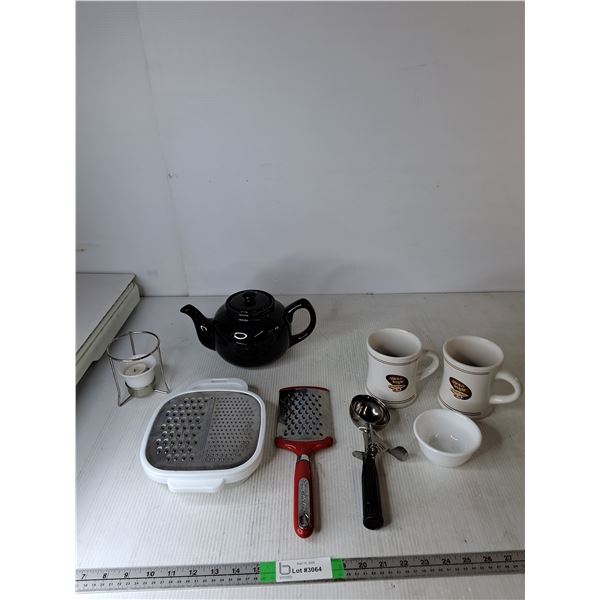 Tea Pot, (2) A & W Mugs, (2) Cheese Graters, Misc