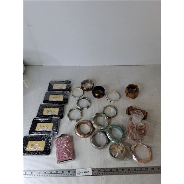 (5) Coin Purses, Assorted New Bangles, Pink Flask, Misc
