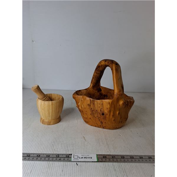 Burl Wood Hand Carved Basket, Wooden Motar & Pestle