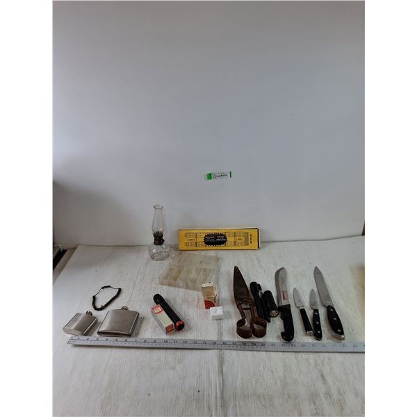 (2) Flasks, (4) Flashlights 1 Works, Shears, (4) Knives, Kerosene Lamp, Hard Word Cribbage Board