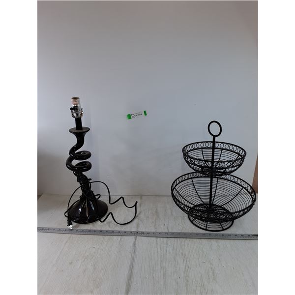 Black Lamp with Spiral Base Untested and Metal Wire Fruit Vegetable Basket