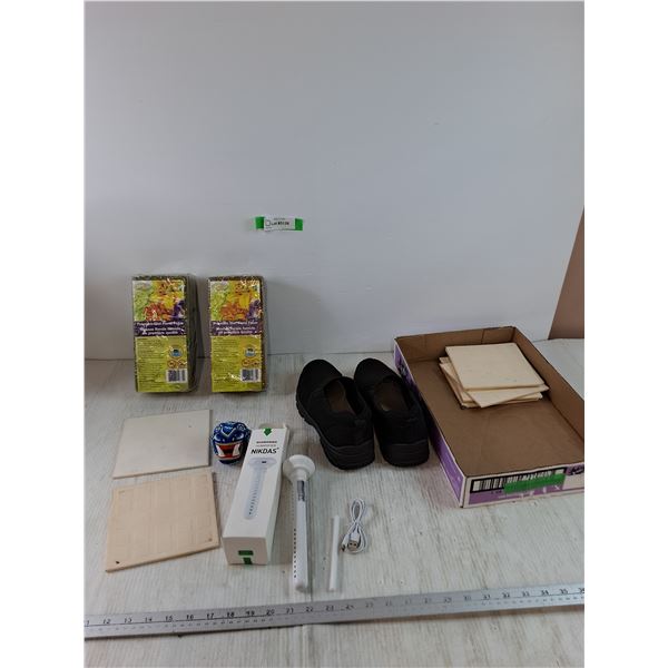 Niklas Humidifier Untested, (2) Wet Floral Foam, (8) Ceramic Tiles, Black Loafers Size 41, Misc