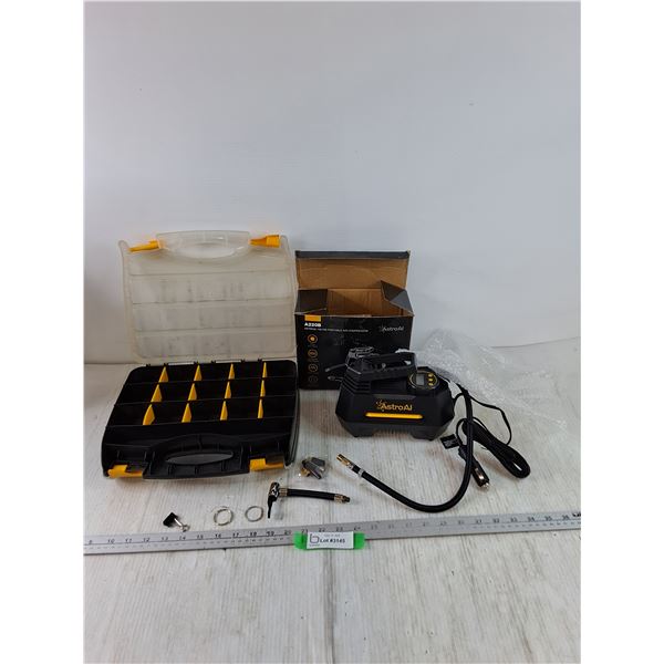 Black Plastic Parts Organizer and Astro AJ A220B 100PST Portable Air Compressor Untested