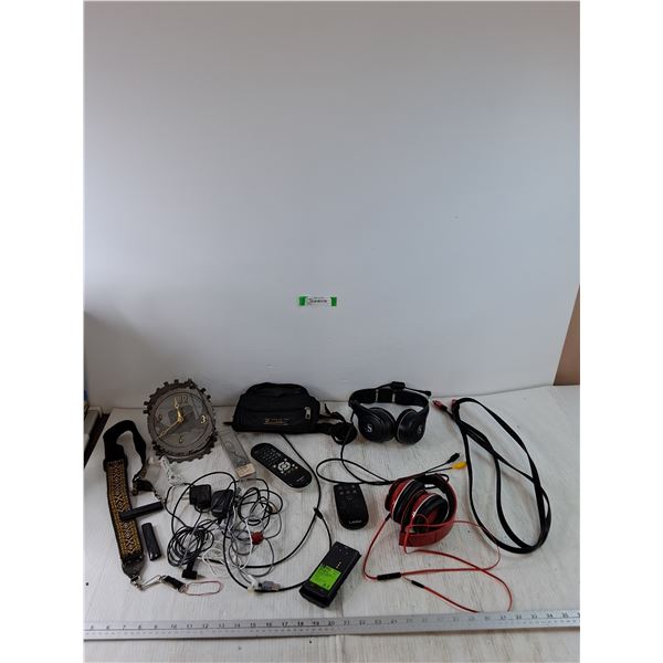 (2) Headse, Assorted Wires, Remote Controls All Untested, Fanny Pack, Clock, Misc