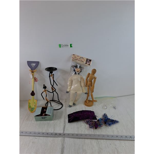 (6) Partylite Scented Candles, Garden Decor Shovel, Wire Frame Art, (2) Dolls, Butterfly Decor