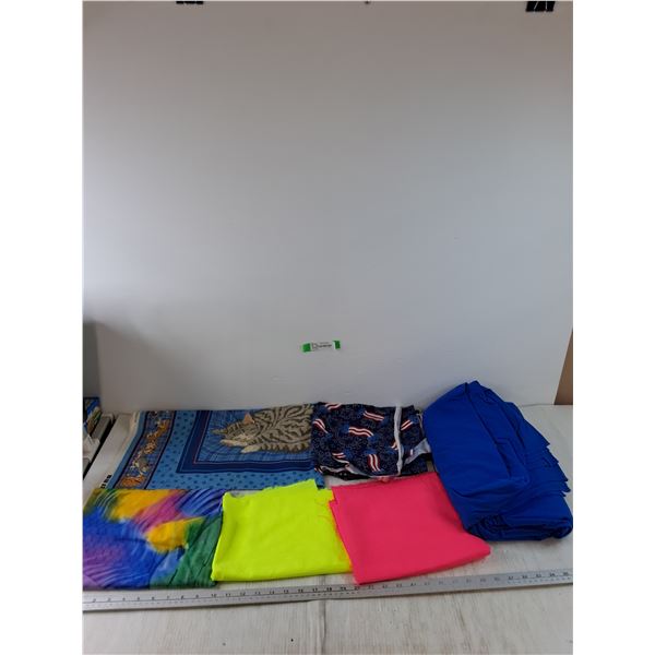(6) Sheets of Fabric, Patterns Include Kitties, American, Tie-Dye, Plain Neon Green, Pink, Deep Blue