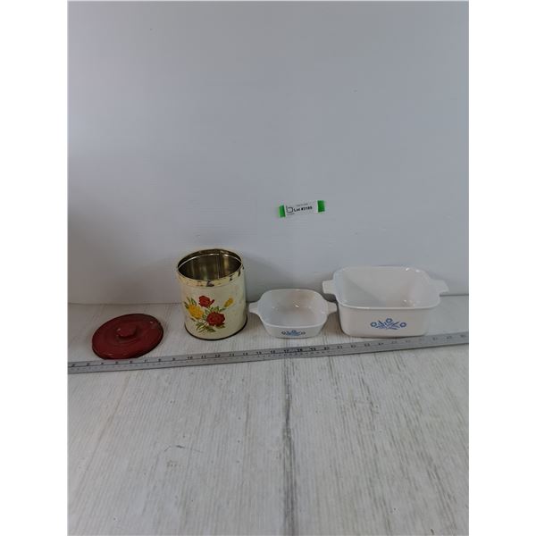 (2) Small Corning Ware Casserole Dishes and Metal Cookie Container