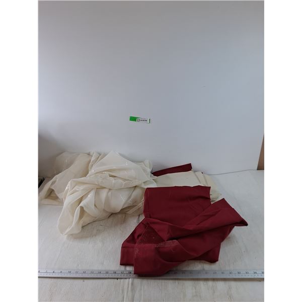 (3) Curtains, (1) Thin White Curtain ~7' x 14', (2) Red and White Curtains ~7' x 4'