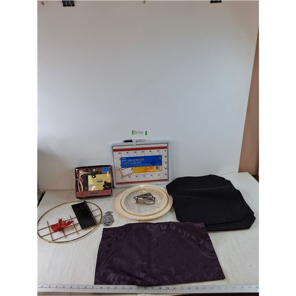(2) Wooden Wreath Rings Sets, (5) Fancy Placemats, Dry Erase Board, Silhouette Picture Frame, Misc