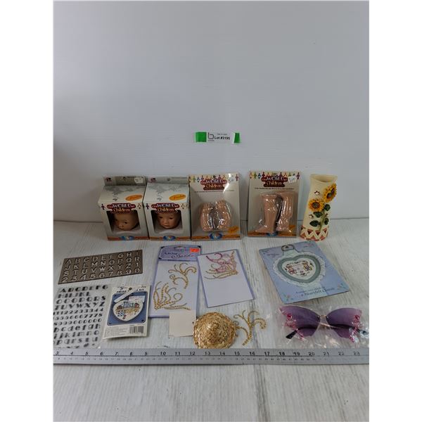 World of Children Porcelain Doll Heads, Limbs, Butterfly Glasses, Letter Jig, Cross Stitch Kit, Misc