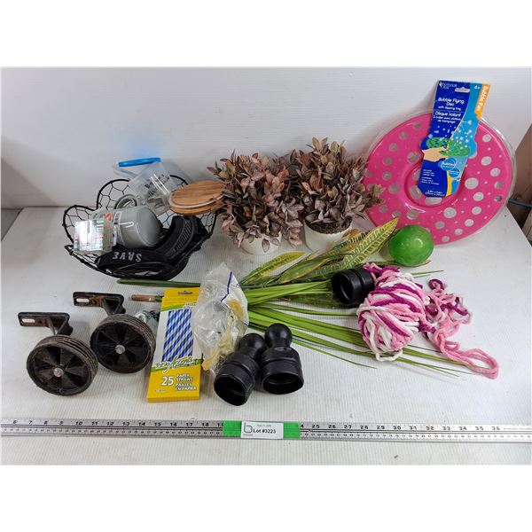 Bicycle Side Wheels, Bubble Flying Disk, Fruit Bowl, Artificial Plants, Paper Straws, Misc