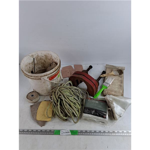 Putty Knives, Brushes, Fiberglass Mat, Rope, Plastic Bucket, Misc