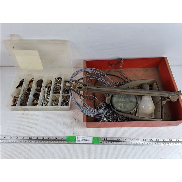 Assorted Hardware & Organizer, Chain, Desk Lamp, Wire, Metal Tray