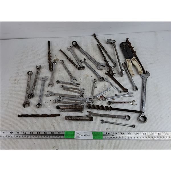 Assorted Combo Wrenches, Drill Bits, Wire Strippers, Misc