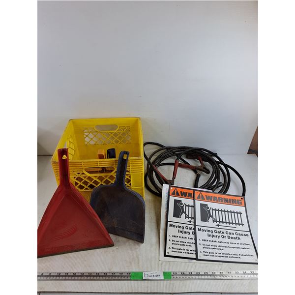 Booster Cables, Warning Signs, Dust Pans & Milk Crate