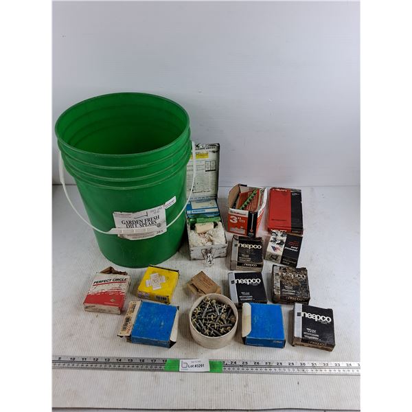 Assorted U Joints, Plastic Bucket, Vintage First Aid Kit, Screws, Misc