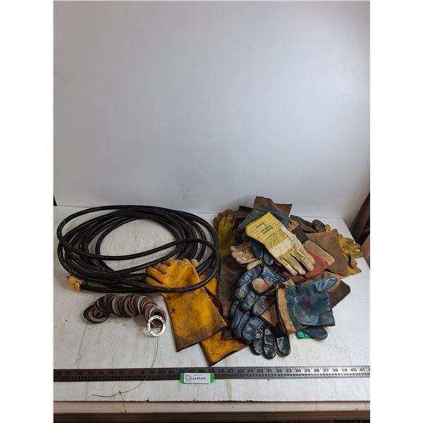 Extension Cord, Metal Rings, Assorted Used Work Gloves - Size Large