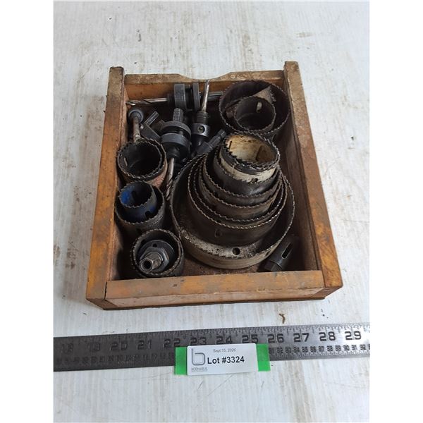 Assorted Drill Bits - Mostly Circular, Wooden Tray