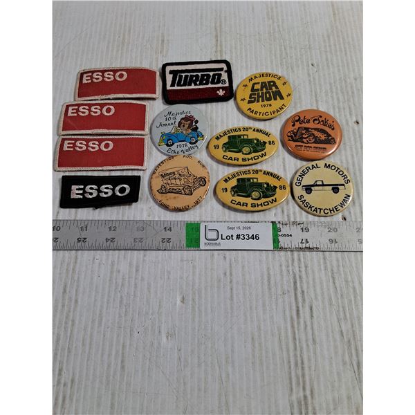 (7) Vintage Pinback Buttons,(4) ESSO Patches,(1) Turbo Gas Station Patch