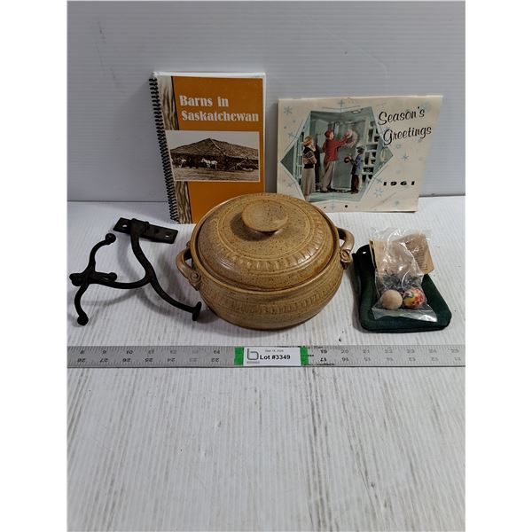 Stoneware Casserole,Cast Iron Coat Hook,Vintage Jacks Game,1961 Calendar,Barns of Sask. Book