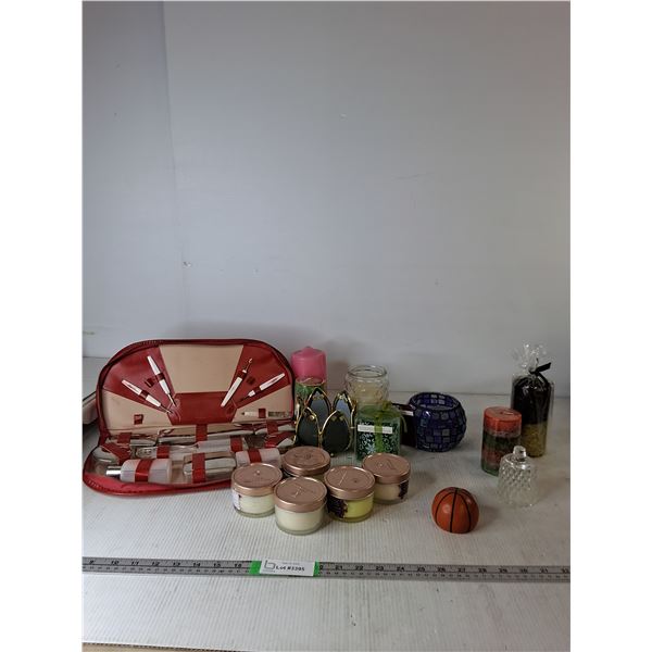 Red Toiletry Kit, Assorted Candles & Candle Holders, Basketball Lock, Misc