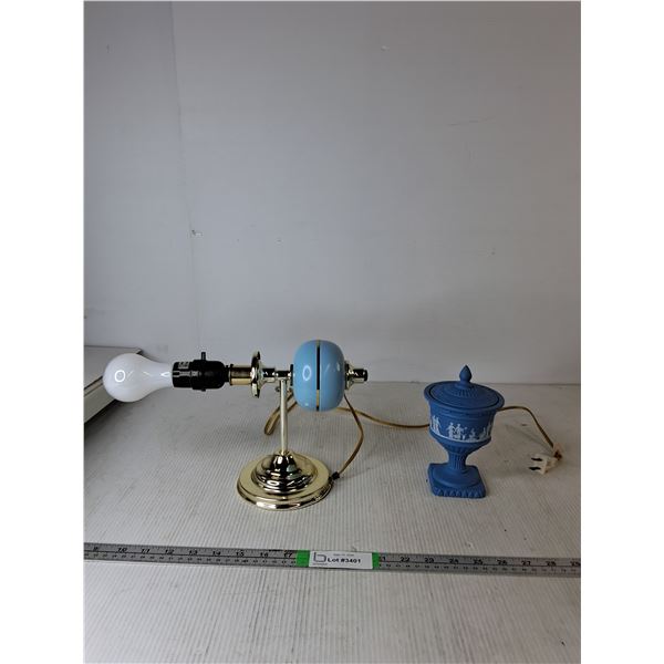 Brass Blue Mid Century Wall Lamp (powers on), Blue Trinket Dish With Lid