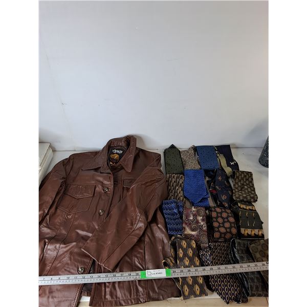 Mens Leather Jacket Size 42, (16) Vintage Desiner Neck Ties