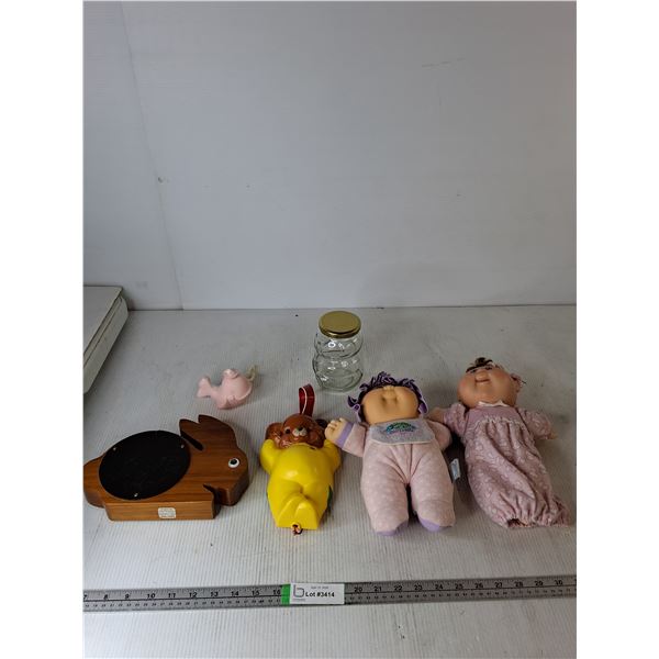 (2) Vintage Cabbage Patch Dolls, Rabbit Piggy Bank, Fisher Price Music Box Teddy Bear, Misc