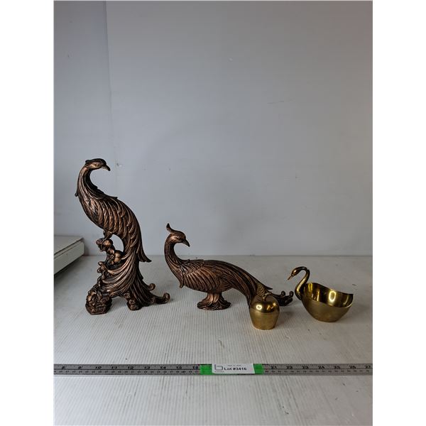(2) Coppercraft Pheasants, Brass Swan Candy/Soap Dish, Brass Apple Bell