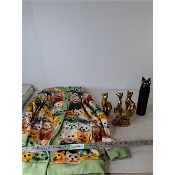Cat Printed Jacket, Water Bottle, (4) Brass Cats