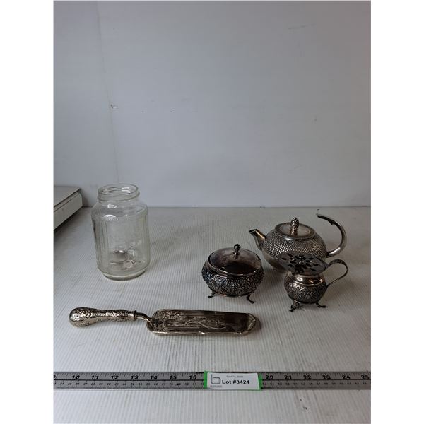 Silver Plated Cream & Sugar, Table Dust Pan, Nabob Coffee Jar, Misc