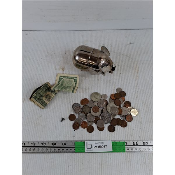 Metal Elephant Coin Bank, Assorted Coins & $1 USD & CAD Banknotes